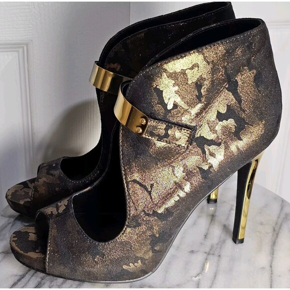 Fergie Remix Peep Toe Dress Pump Bronz Metallic Camouflage Hook Loop US 7.5M - Picture 10 of 10